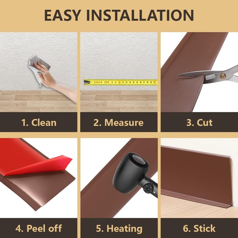Lifronkit Flexible Baseboard Molding Trim, Peel and Stick Rubber Baseboard Trim, Self-Adhesive Design Vinyl Wall Base Moulding Trim, 4inch(W) x 20feet(L), Brown - Image 5